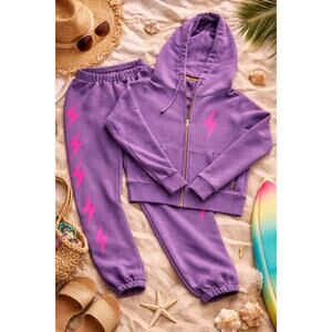 Aviator Nation Purple Lightning Bolt Sweat Set XS Hoodie M Joggers Made USA